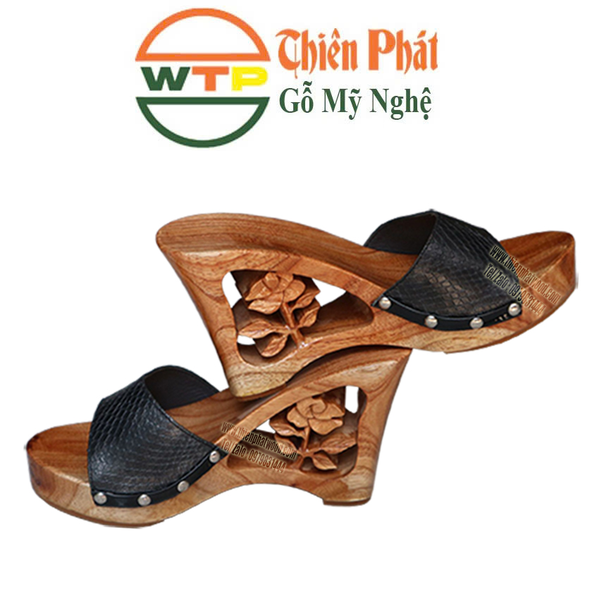 guốc mộc chạm khắc bông hồng cao 9cm